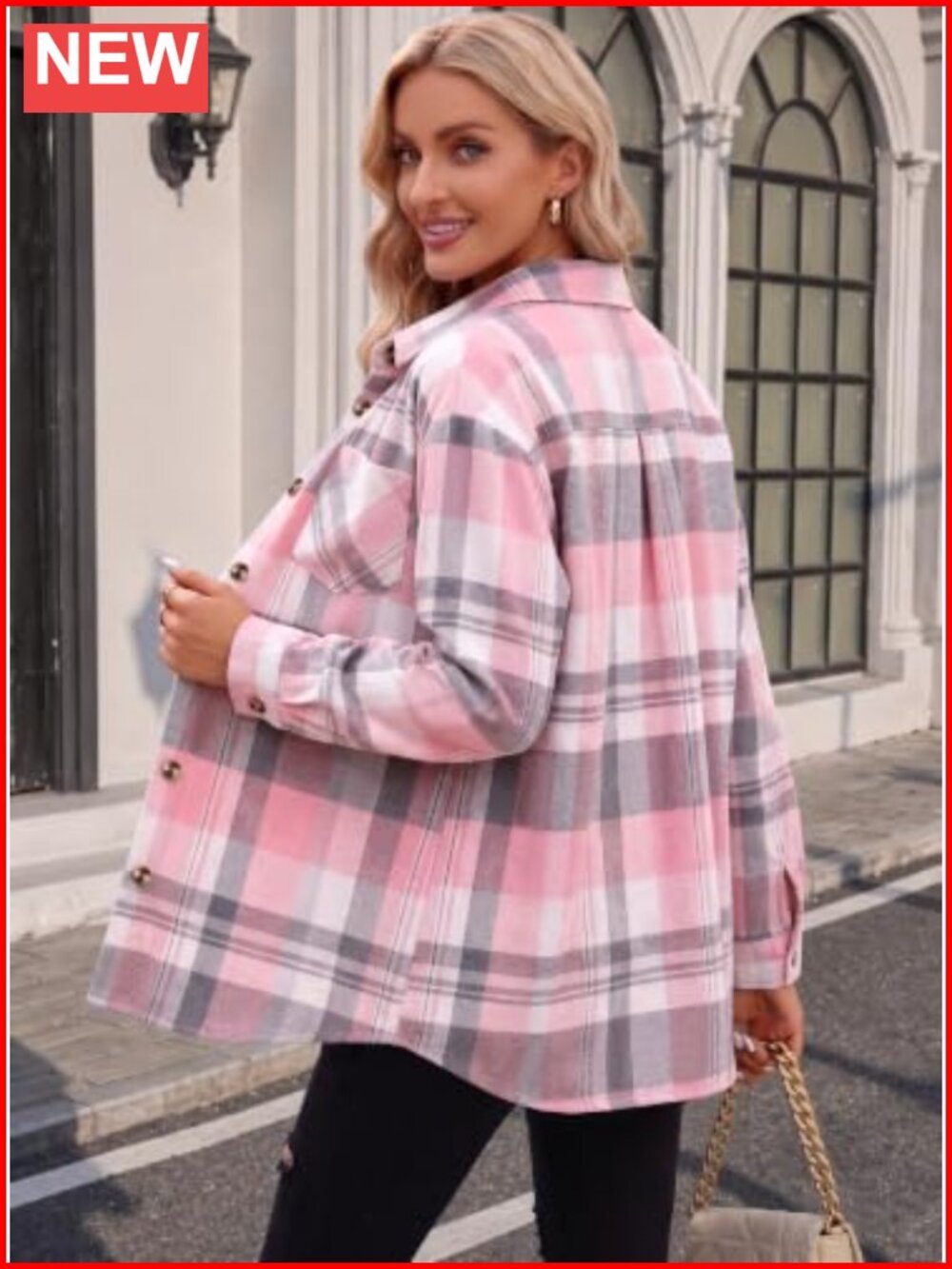 Women's Flannel Plaid Button Down Shirt Long Sleeve Casual Oversized Fit - Picture 2 of 6